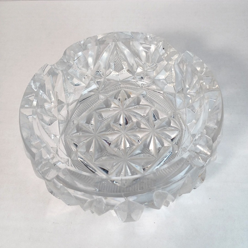 Vintage Crystal Cut Glass Clear Sunburst 5" Ashtray Trinket